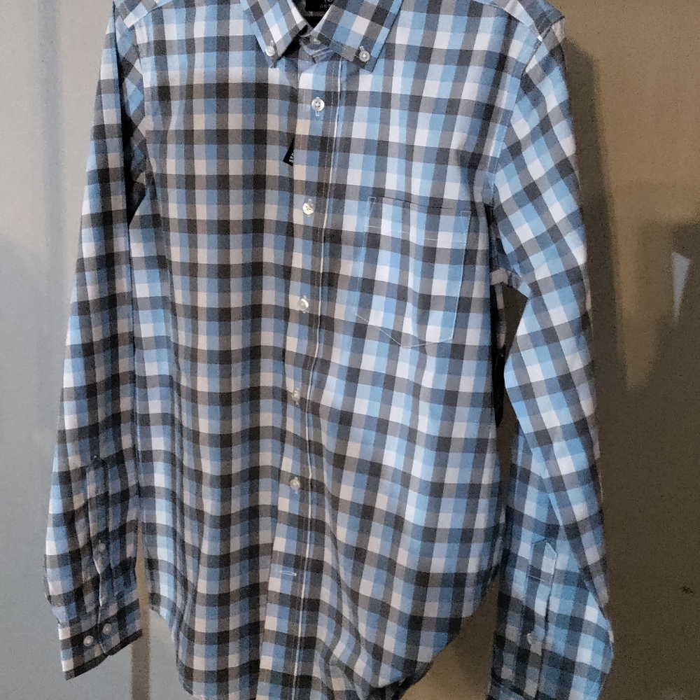 Grey, blue, and white George Collar shirt. Size small